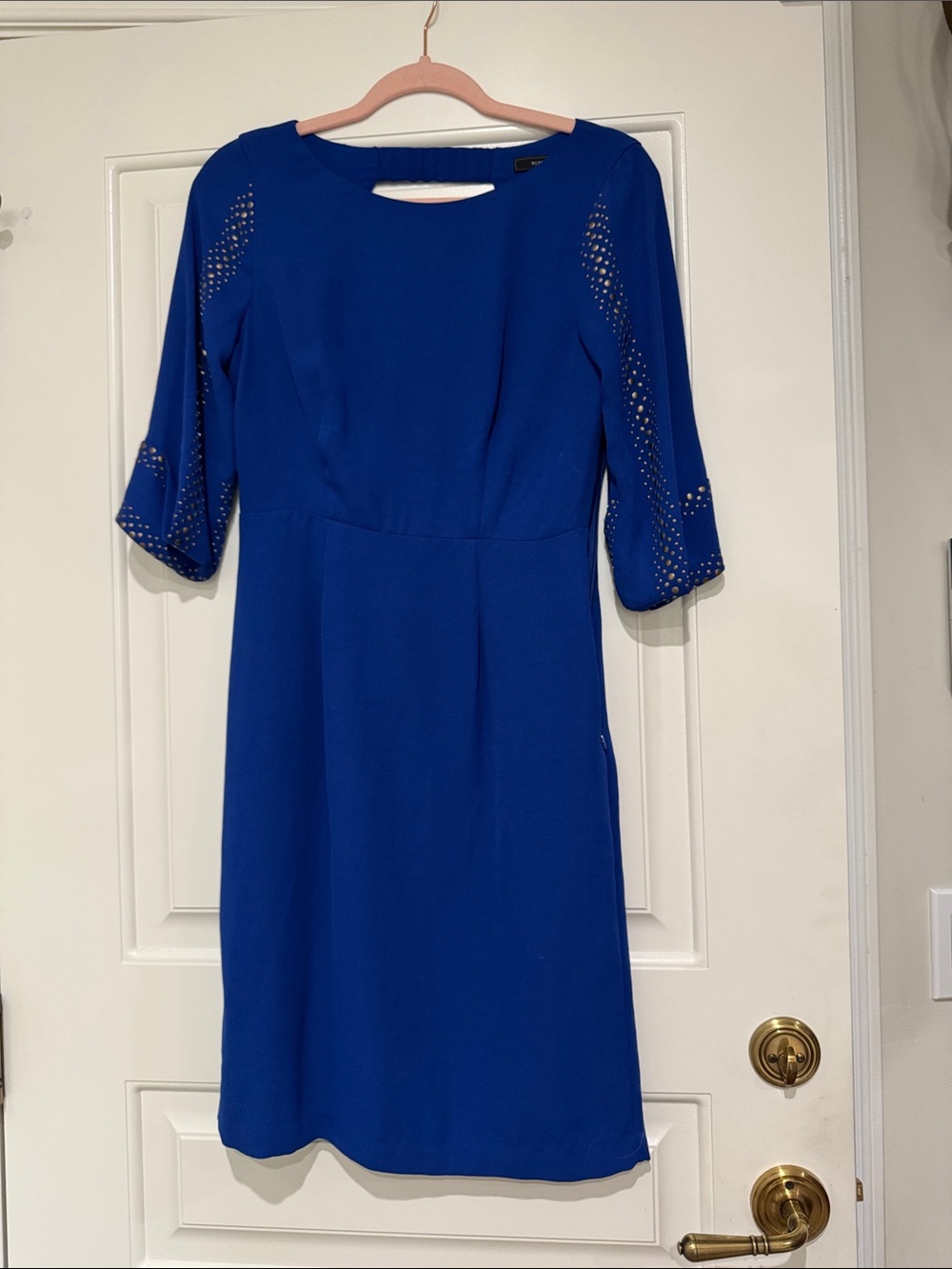 BCBGMaxAzria Cobalt Blue Midi Sheath Dress with Studded Three-Quarter Sleeves